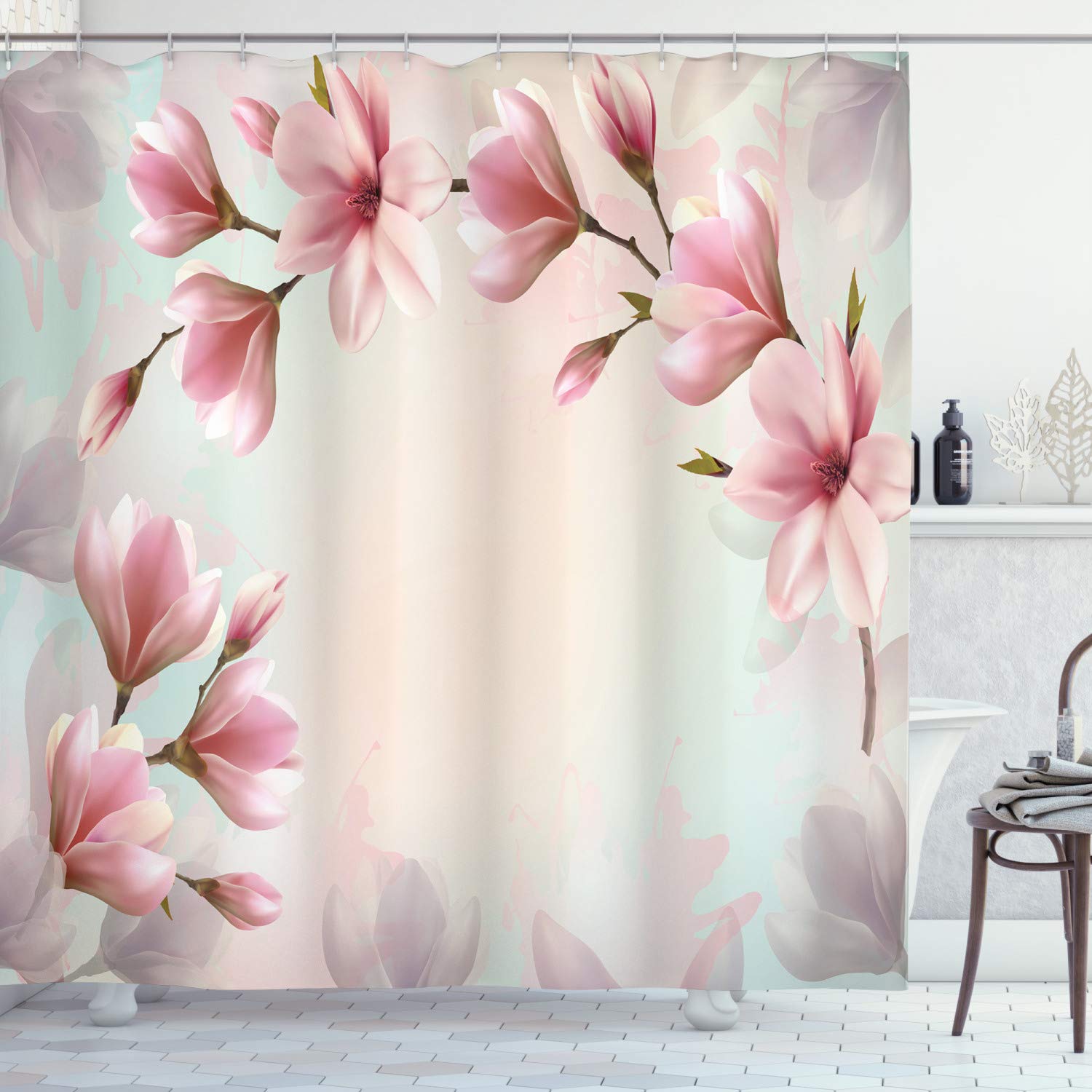 ABAKUHAUS Magnolia Shower Curtain, Double Exposure Effect Fragile Pink Petals and Sprouting Branches, Cloth Fabric Bathroom Decor Set with Hooks, 175 x 220 cm, Dark Coral