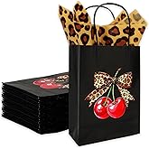 JarThenaAMCS 20Pcs Cheetah Print Cherry Paper Bags with 30 Sheets Cheetah Tissue Paper Candy Treat Bags with Handles for Jungle Safari Birthday Baby Shower Party Favors Supplies