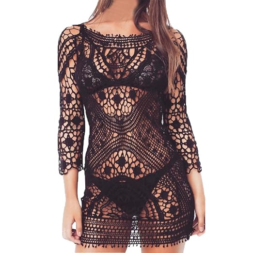 Amydong Womens Dress Bikini Cover Up Swimwear Beach Dress Beach Sunscreen Shirt V Collar Lace Hollow Dress
