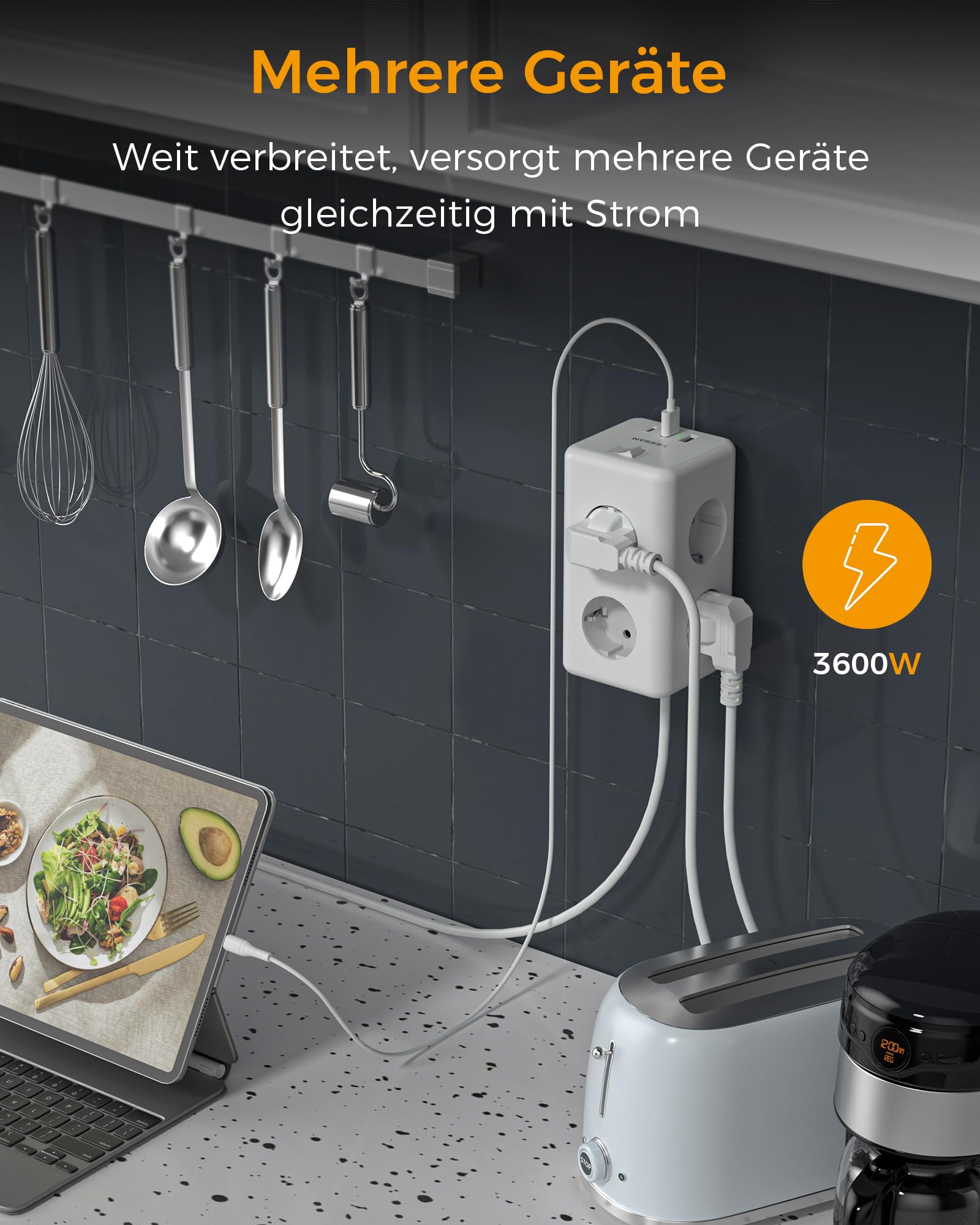 TESSAN 6 Fach Mehrfachsteckdose mit USB C, Verlängerungskabel 5M Verteilersteckdose, Steckdosenleiste mit 3 USB, 9 in 1 Steckerleiste mit Schalter, Steckdosenwürfel Wandmontage, Mehrfachstecker 3600W 5