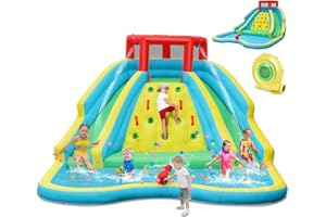 HONEY JOY Inflatable Water Slide, Giant Kids Water Park w/ 2 Long Slides & Climbing Wall, Water Hoses & Cannon, Large Splash 