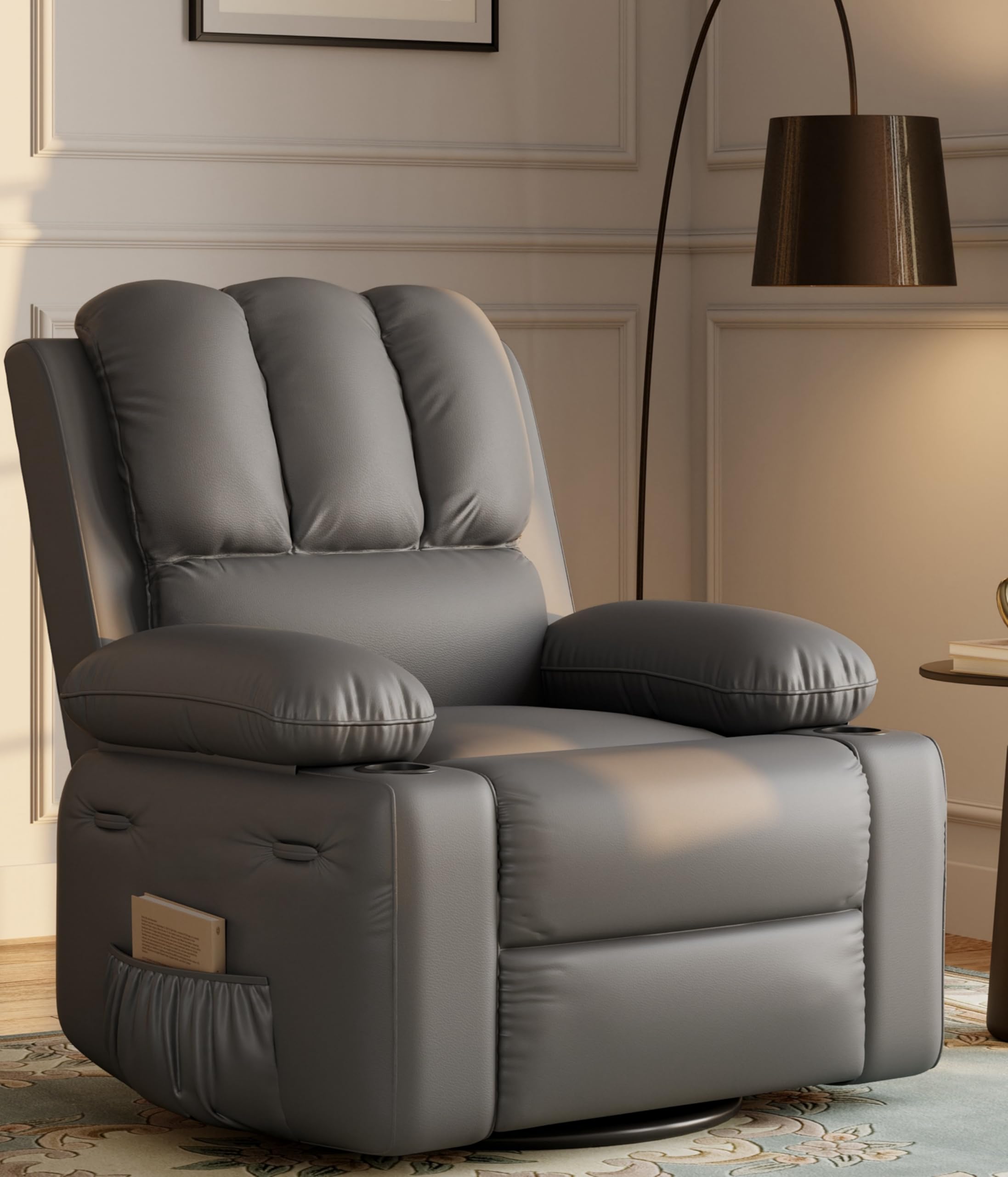 Photo 1 of dainslef 22'' Manual Recliner Chair for Adults, PU Leather Recliner with Cup Holders and Side Pockets, Ergonomic Design for Nursery, Living Room, Bedroom, and Home Theater, Grey