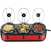 Elite Gourmet EWMST-325R Maxi-Matic Triple Slow Cooker Buffet Server Adjustable Temp Dishwasher-Safe Oval Ceramic Pots, Lid R