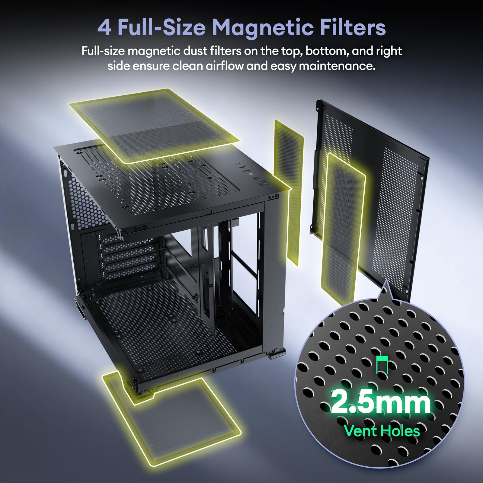 Okinos MATX PC Case, 5 x 120mm Case Fans (Non-PWM) Pre-Installed, Type-C Port, 270° Panoramic Tempered Glass Panel, 5-PCIe Slot, 240mm Radiator ONLY for ITX MOBO, Micro ATX Case, Mirage 2