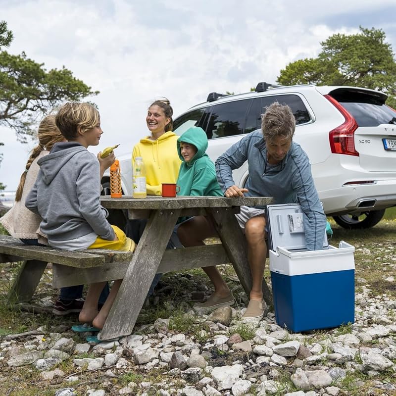 ME27 elektrische Kühlbox, 12V und 230V, 26L, blau - Mini-Kühlschrank für Auto, Camping, Urlaub, Boot, Festivals - leicht, tragbar, mit praktischem Kabelfach und Eco/Max Modus