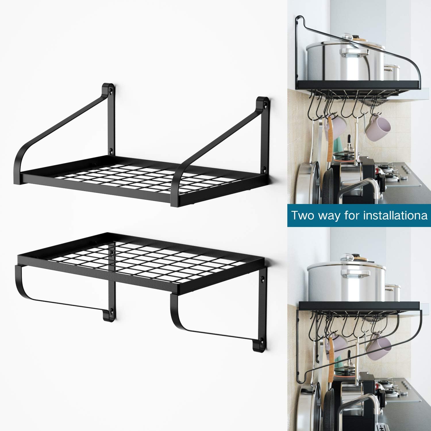 Love-KANKEI Pot Rack Wall Mounted Set of 2 Pan Pot Organizer Wall Shelves with 16 Hooks for Kitchen Cookware Utensils Organization Black: Home & Kitchen