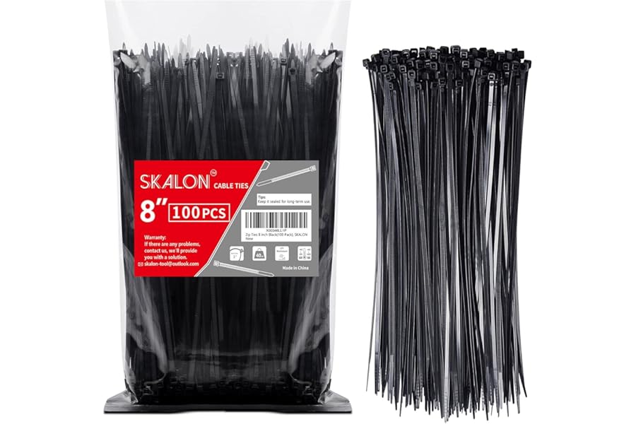 Zip Ties 8 inch (100 Pack), 40lbs Tensile Strength, Black Cable Ties, Wire Ties for indoor and outdoor use, by Skalon