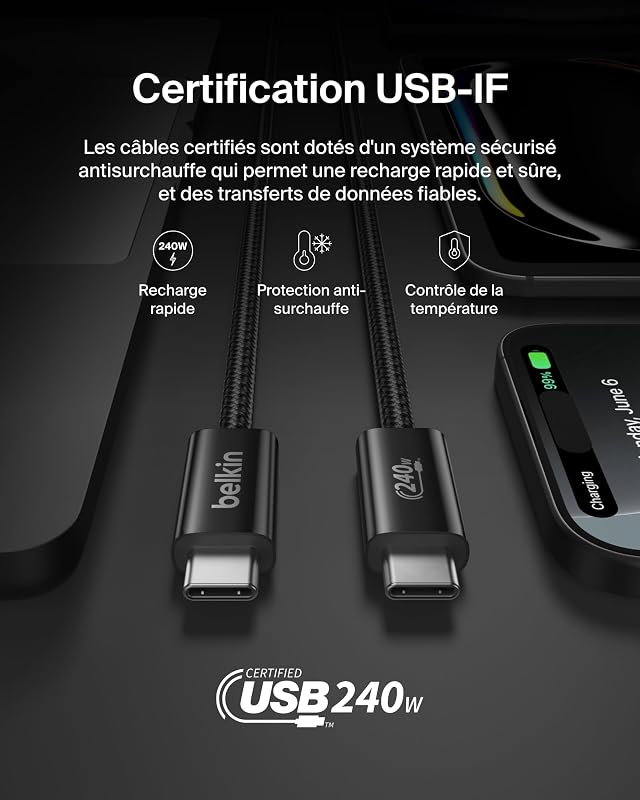 Pack de 2 Câbles USB-C vers USB-C avec gaine tressée (1,5 m, 240 W, doux au toucher, souple, recharge rapide, pour iPhone 17 et iPhone 16, Galaxy S25, Pixel 10, iPad Pro, etc., noir)