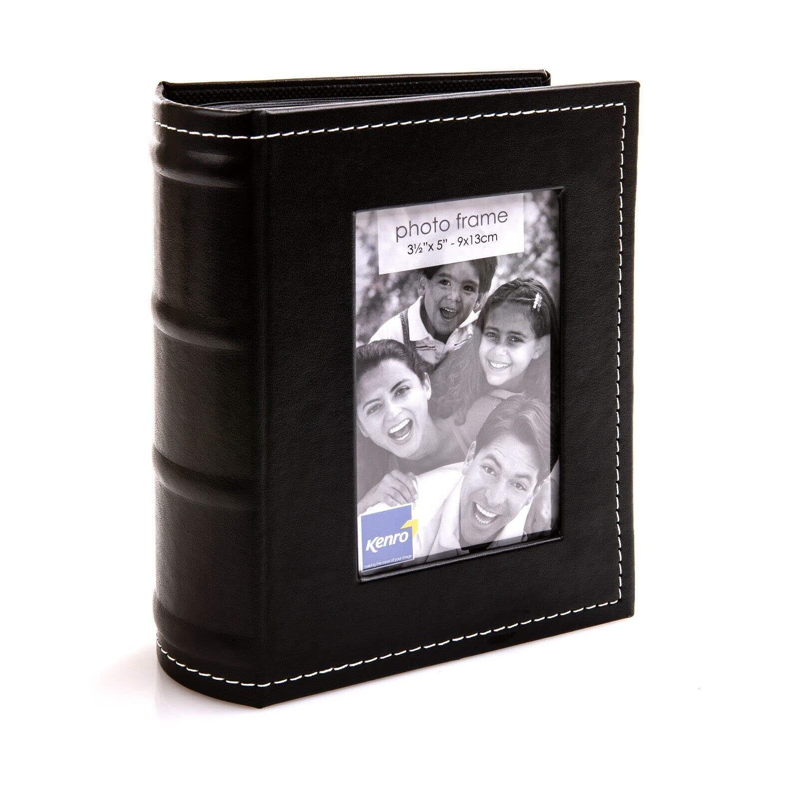 Kenro Black Leather Look Small Photo Album for 80 Photos 6x4 inch/10x15cm with Photo Window to Front and White Stitching, Slip-In Pages - PKB108