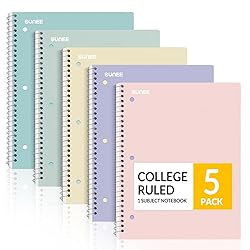 SUNEE Spiral Notebooks, 1-Subject, 5 Pack, College