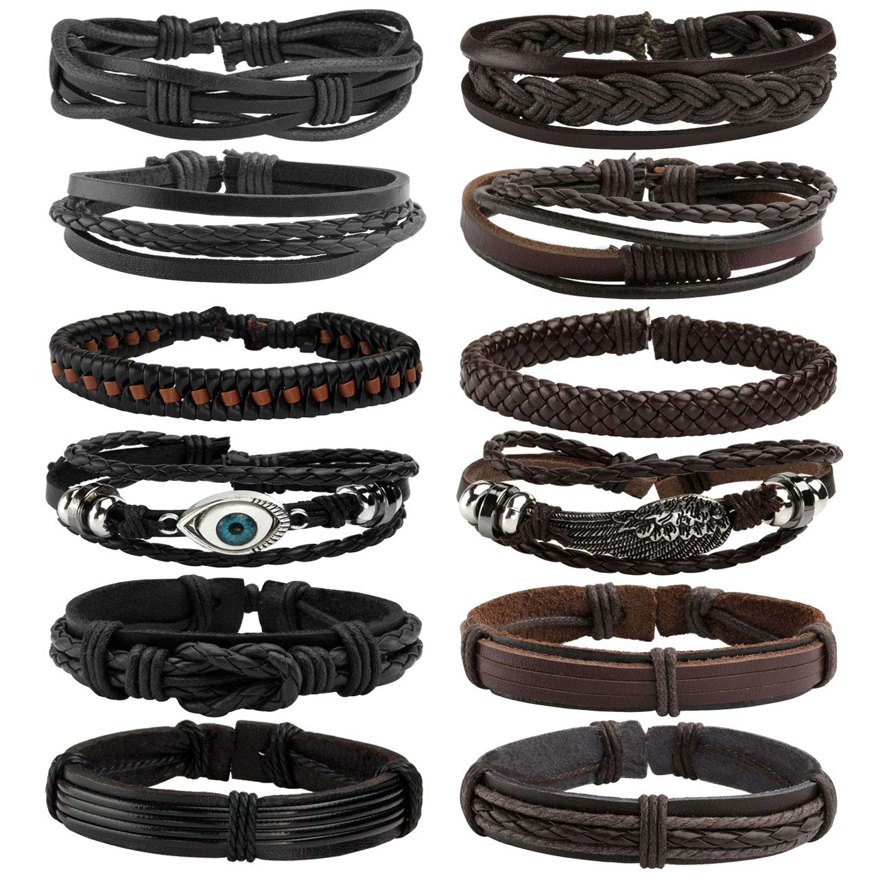 Manfnee 12Pcs Leather Braided Bracelet Punk Cuff Wrap Wristband Bracelets for Men Women Adjustable