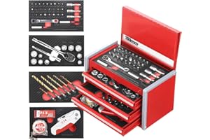 P.I.T. Portable 3 Drawer Steel Tool Box with 61-Pieces Mechanics Tool Set,Magnetic Locking, Red Hand Carry Tool Cases for Hand Tools Repair Tool Kit
