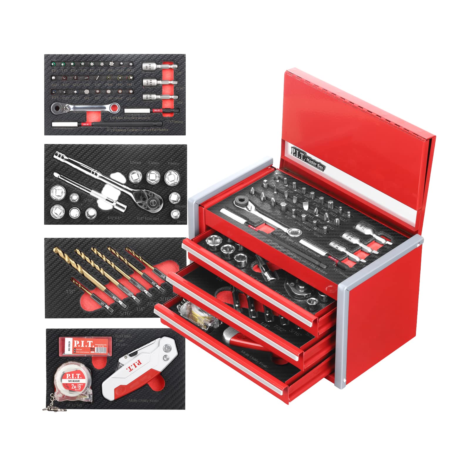Photo 1 of P.I.T. Portable 3 Drawer Steel Tool Box with 61-Pieces Mechanics Tool Set,Magnetic Locking, Red Hand Carry Tool Cases for Hand Tools Repair Tool Kit