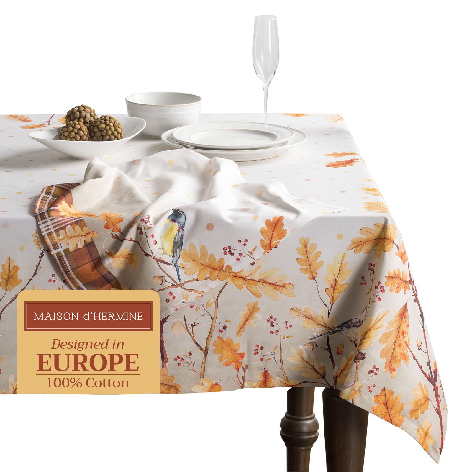 Maison d' Hermine Table Cloth Rectangle Table 100% Cotton 230 cm x 140 cm Tablecloth Reusable Everyday Use for Christmas Decorations Dining Farmhouse Home Party Festive (Oak Leaves)
