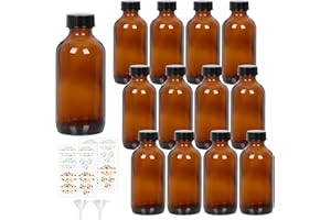 STARSIDE 12 Pack 8 oz Amber Glass Bottles with Lids, 240 ml Round Boston Bottles for Essential Oils, Hot Sauce, Juice, Liquids, Include 2 Funnel, 12 Labels.