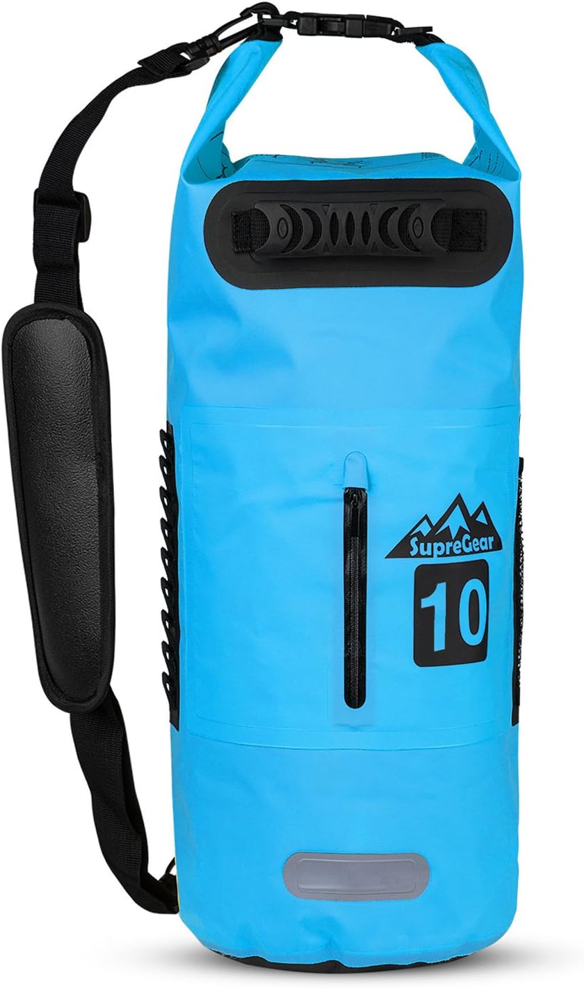 SupreGear Waterproof Dry Bags, 10 Liter [Zip Pocket] [Carabiner Belt] [Reflective Strip] Durable Water Resistant Boating Dry Bag Floating Sack with Shoulder Strap and Mesh Bag