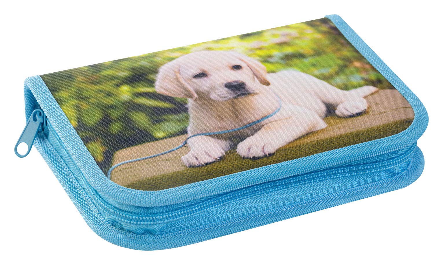 Eberhard Faber 577558 Pencil case with 2 Inner Flaps and Zip, 42 Pieces Filled, with Dog Motif on Front and Back, Approx. 19.6 x 13.2 x 3.4 cm, for Preschool and School