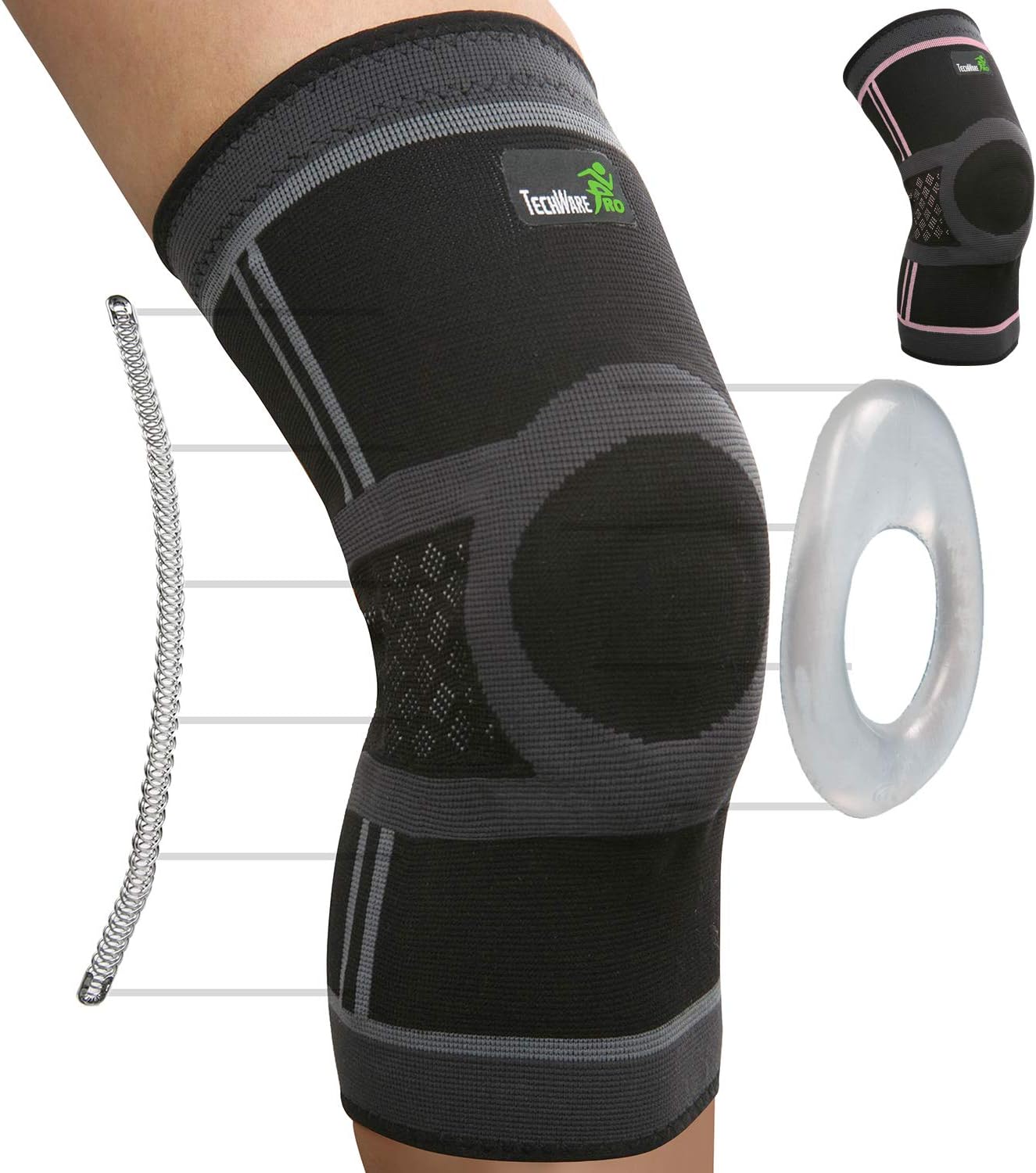 TechWare Pro Knee Compression Sleeve - Knee Brace for Men & Women with Side Stabilizers & Patella Gel Pads for Knee Support. Meniscus Tear, Arthritis, Joint Pain Relief. 5 Sizes. Single Pack: Sports & Outdoors