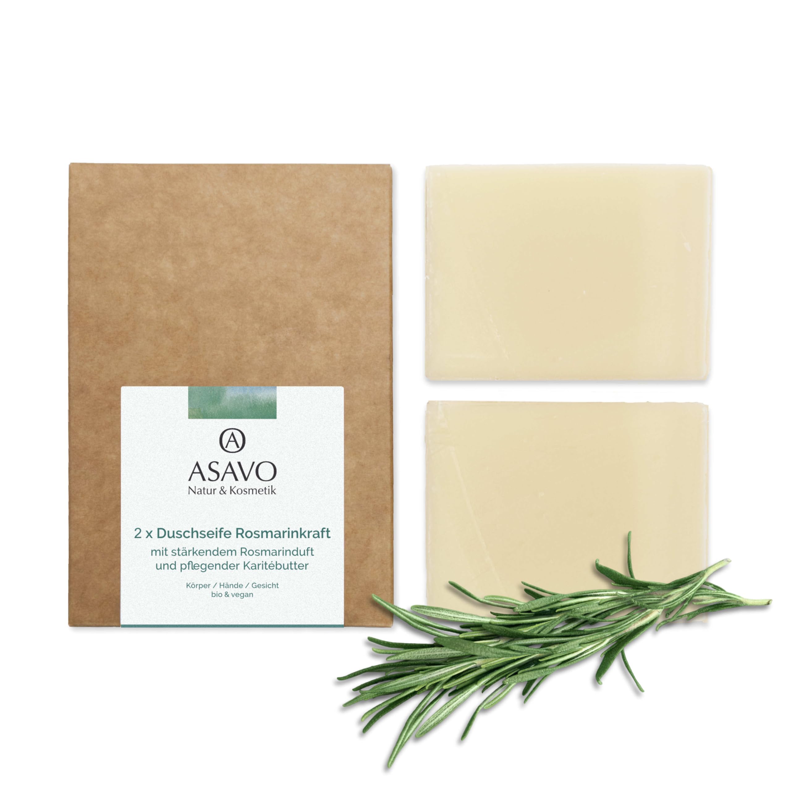 ASAVO Premium Natural Soap Rosemary Handmade with Fine Organic Karite Butter, Virgin Organic Coconut Oil & 100% Essential Oils, Vegan, Clean Beauty Product, 2 x 95 g