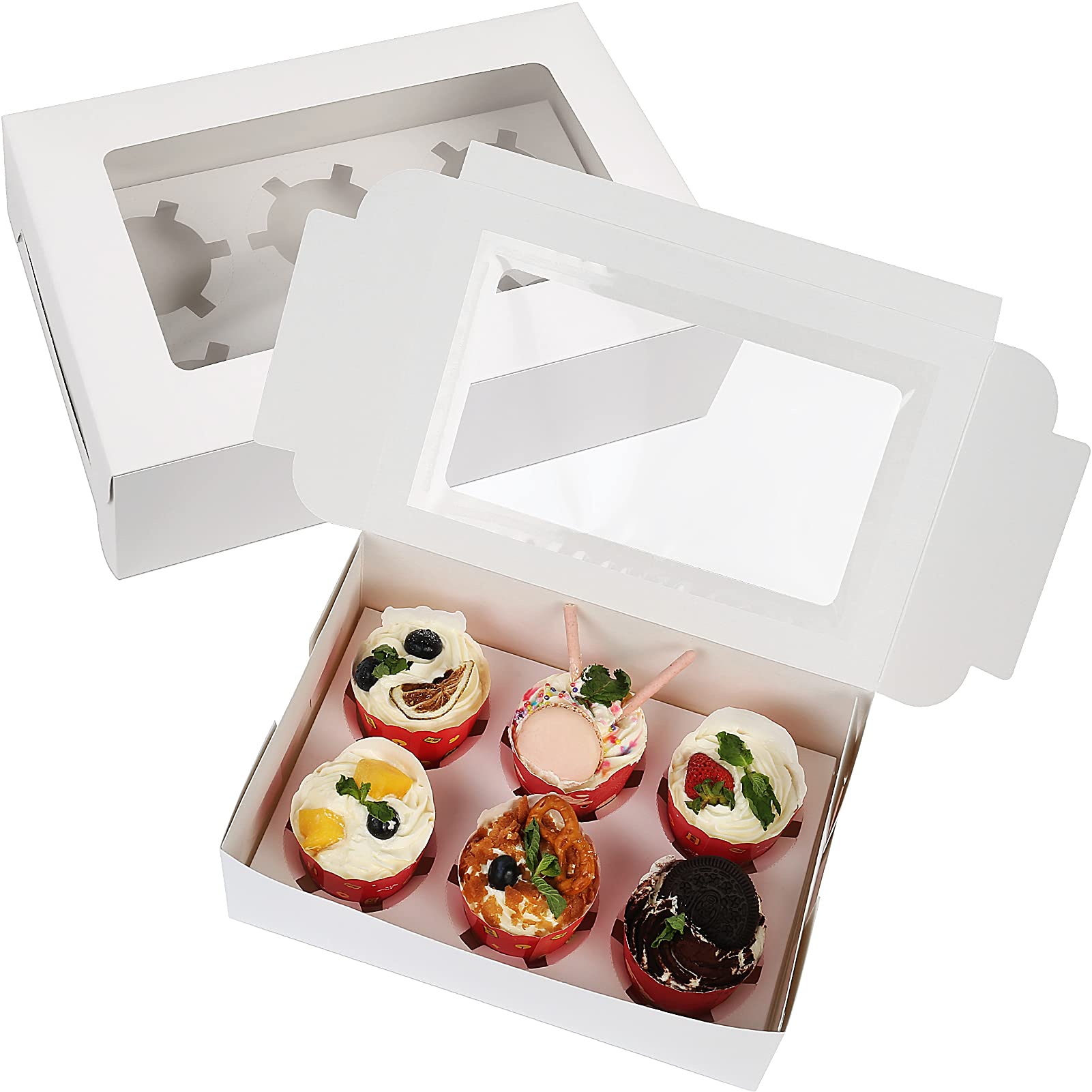 FZAY Cake Box, 10Packs Kraft Paper Cupcake Boxes with Inserts 2/4/6 Holes Muffin Boxes Cupcake Holder (White, 6 Holes)
