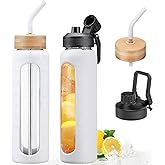 NOLOGLAZIC 32oz Glass Water Bottle with Straw and 2 Lids- Bamboo and Spout Lid,Motivational Sports Water Bottle with Silicone Sleeve and Time Marker,Reusable for Gym, Outdoors, White