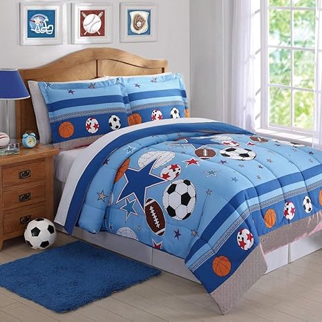 Amazon Com Juego De 2 Piezas De Edredones Para Ninos Con Diseno De Estrellas Deportivas Azules Pelotas De Futbol Futbol Voleibol Baloncesto Color Rojo Naranja Azul Marino Negro Blanco Marron Home Kitchen