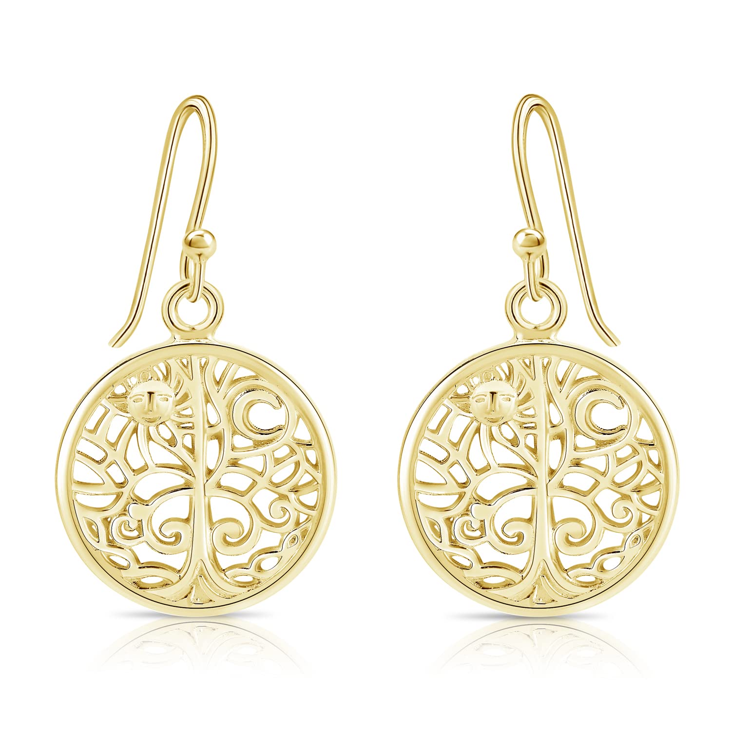 DTPsilver® 925 Sterling Silver Yellow Gold Plated Drop/Dangle Hook Tree of life Earrings with Sun and Moon - Diameter 16 mm