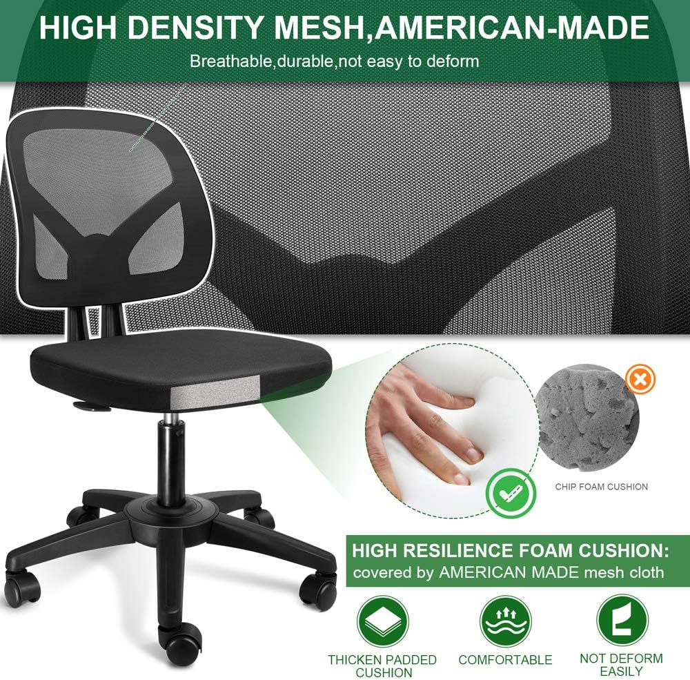 KOLLIEE Armless Mesh Office Chair Ergonomic Comfortable Armless Desk Chair Small Black Adjustable Computer Chair No Armrest Mid Back Swivel Task Chair for Small Spaces: Kitchen & Dining
