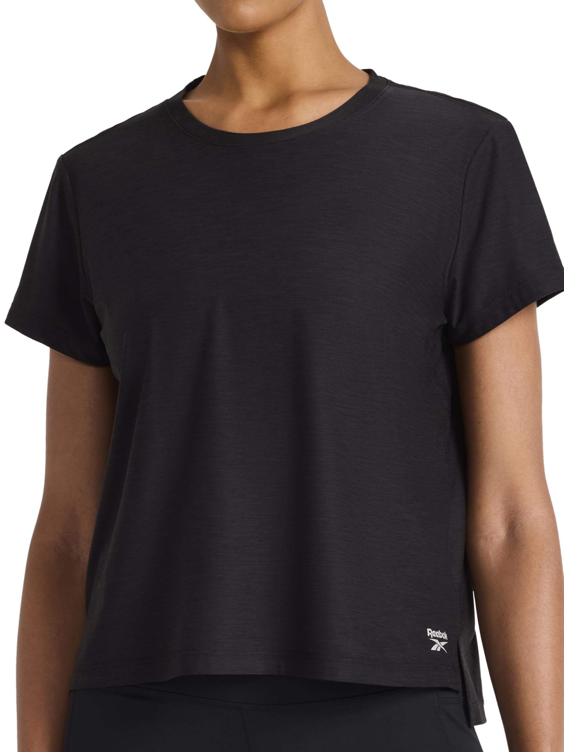 Reebok Women’s Tech Short Sleeve Crewneck T-Shirt, Standard Fit, Lightweight Stretch Heathered Poly Fabric, Black Heather, Large