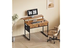 Maihail Small Desk with Drawers, 31.5X15.8-22.9 Inches Office Computer Desk with Side Pocket & Ergonomic Monitor Stand, Writi