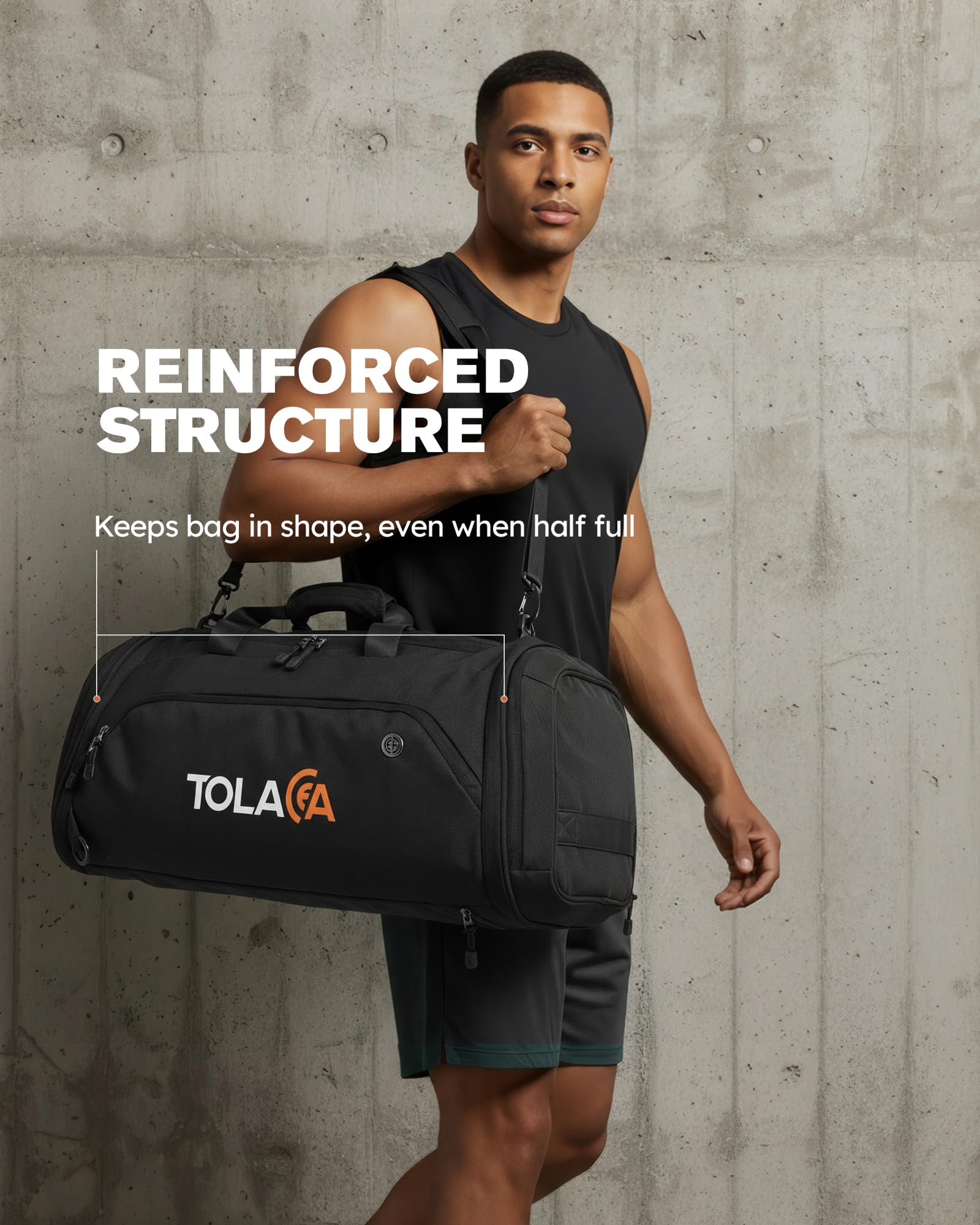 Tolaccea Sporttasche 56–70L für Herren & Damen– Erweiterbare Reisetasche mit Schuhfach & Nassfach, als Rucksack tragbar, für Fitness, Gym, Schwimmen, Fußball, Reisen (Schwarz) 9