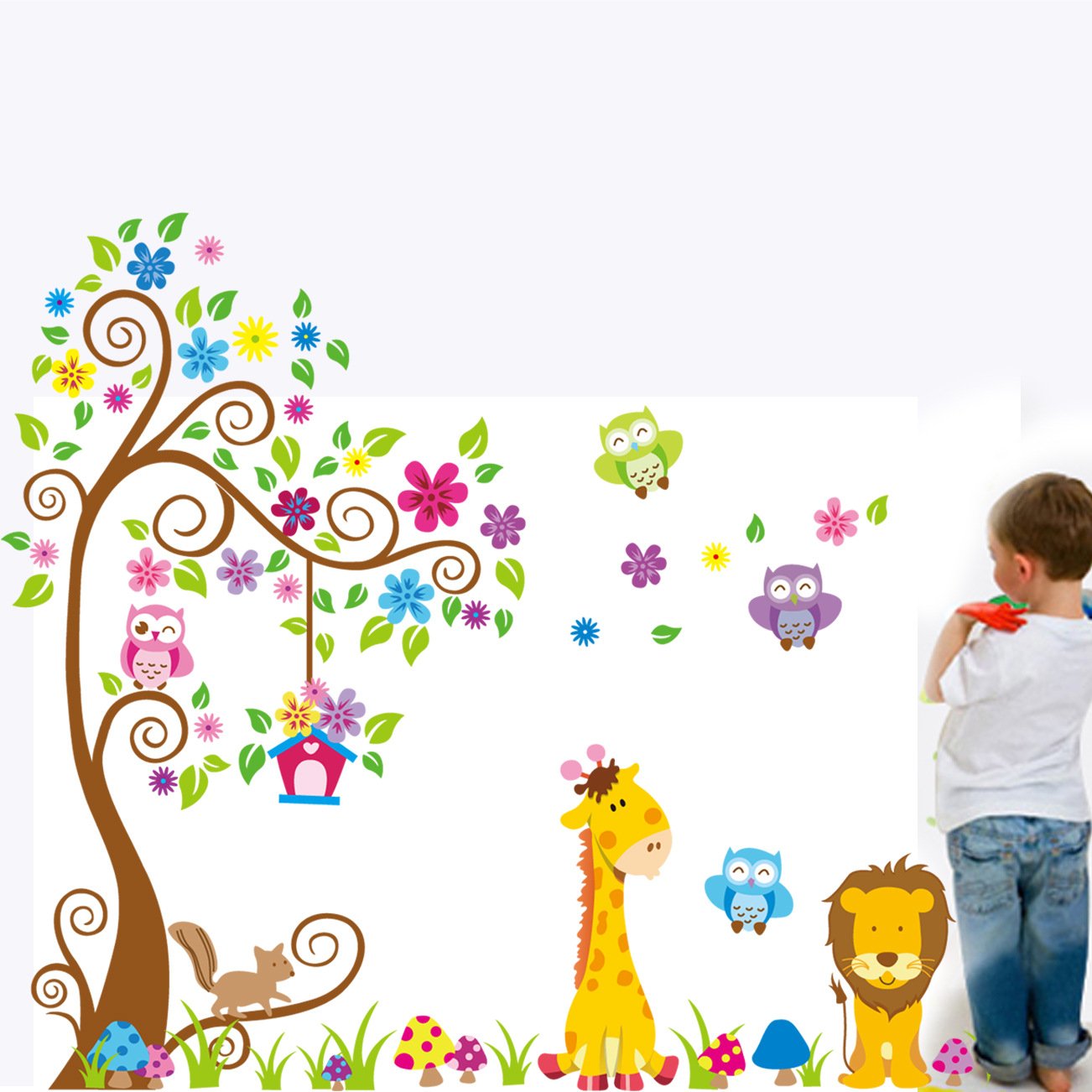 Rainbow Fox Sticker da muro e lettere in legno Albero Fiore Colorato Simpatici Gufi Leone Cervo Adesivi Murali Camera dei Bambini Vivai Adesivi da Parete
