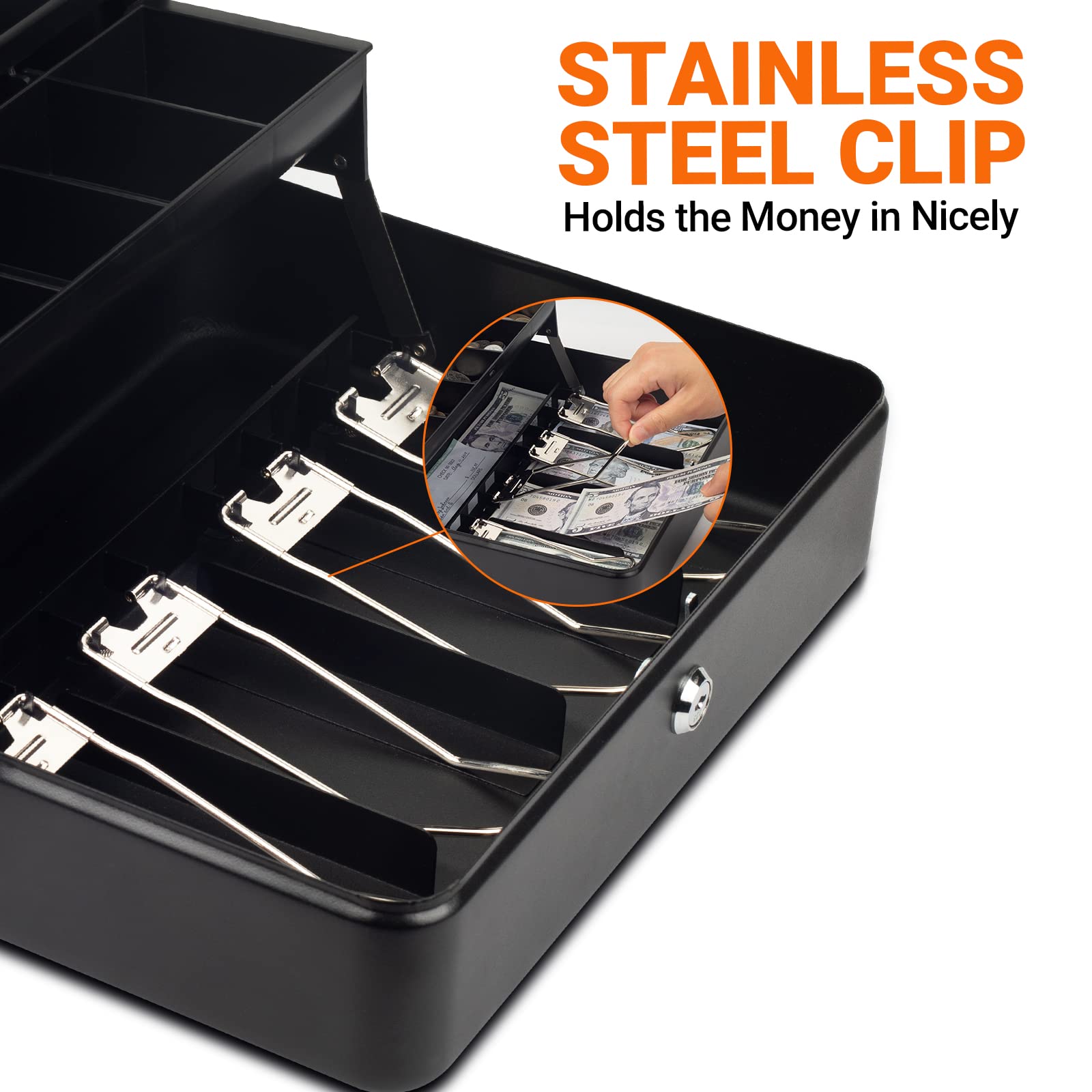 Tera Cash Box with Key Lock: Anti Theft Safe Lock Box with Money Tray 4 Bill 5 Coin Inner Tray 11.8