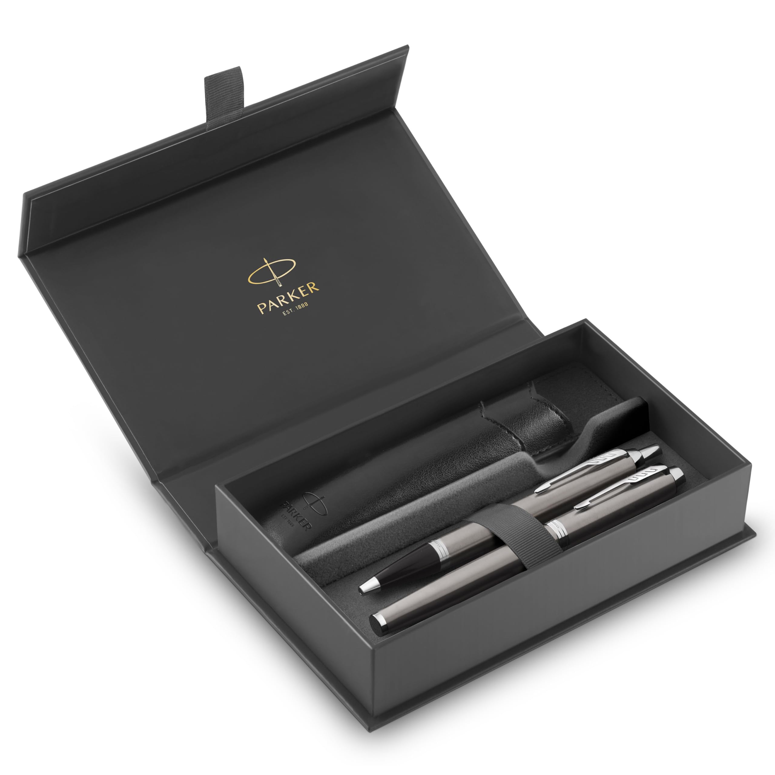 Parker IM Duo Pen Gift Set | Fountain Pen, Ballpoint Pen & Pen Pouch | Stainless Steel Finish with Chrome Trims | Medium Tip | Blue Ink Refills | Perfect Graduation Gifts