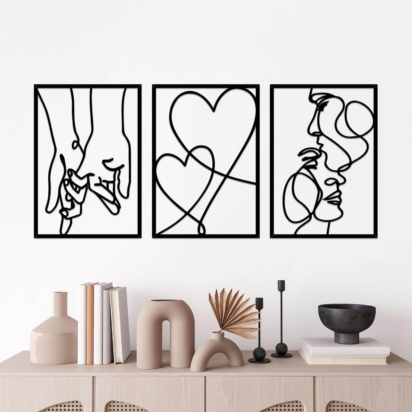 ESTART 3 Pieces Metal Minimalist Line Wall Art, Valentine's Day Lover Kiss Hand Metal Wall Decor, Aesthetic Modern Home Hanging Wall Art Decor for Bedroom Living Room