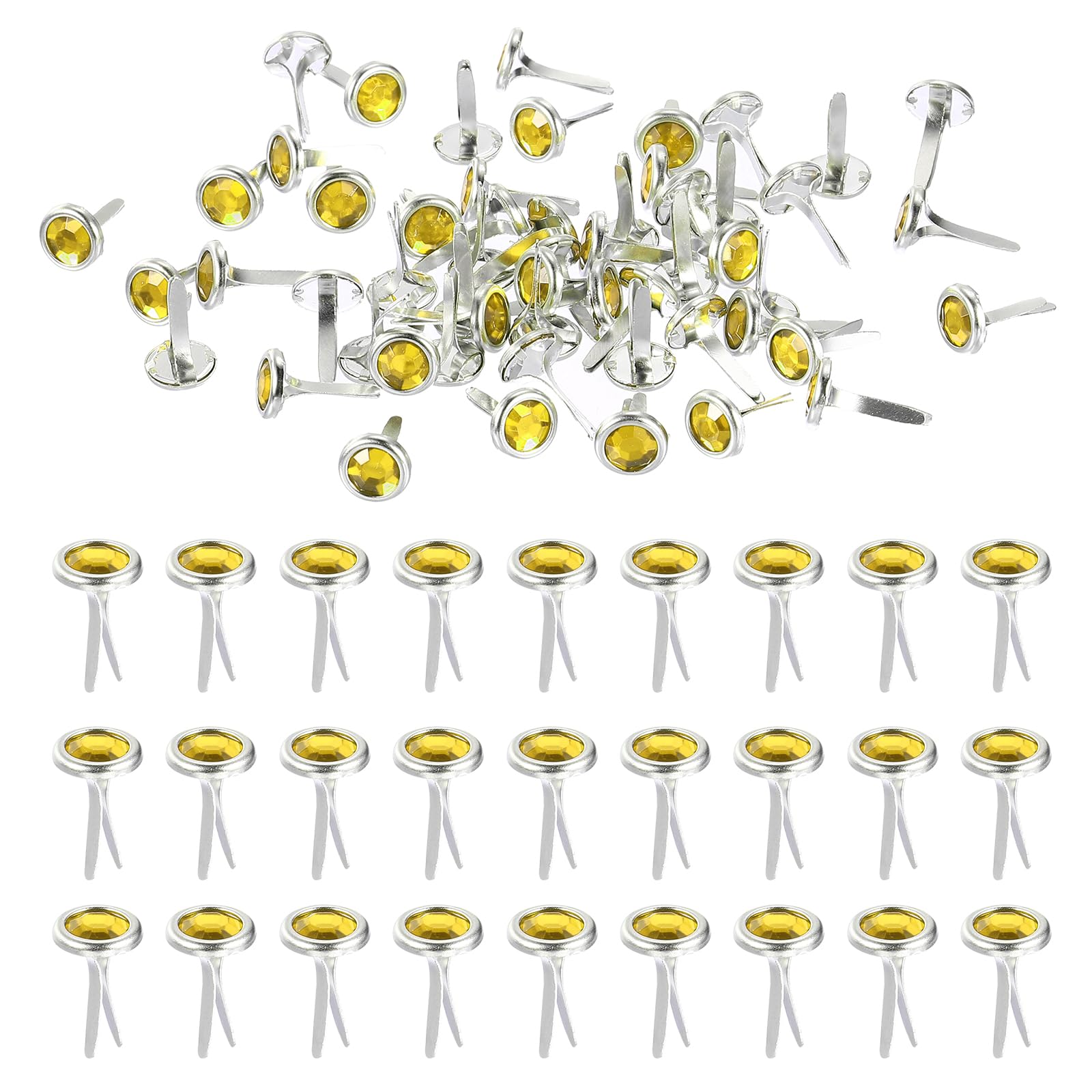 PATIKIL Paper Fasteners, 150 Pcs Mini Metal Rhinestone Round Head Fastener Split Pins for Craft Art Scrapbooking DIY Pins Supplies, Yellow 0.5"x0.3"