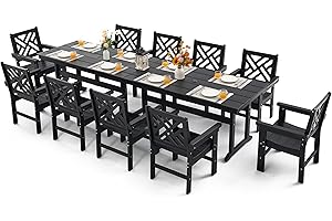 AXMOLM 12 Piece HDPE Outdoor Dining Set for 10, Patio HDPE Furniture Set with 2 Table and Umbrella Hole, Outdoor Table and Chairs for Garden, Poolside, Backyard, Deck