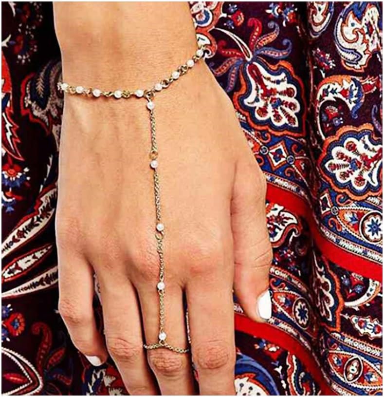 Hanloud Bohemian Gold Chain Finger Ring Bracelet Glass Beads Pearl Chain Slave Bracelet for Girl Women