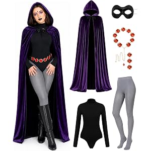 Raven Costume for Women, 6 Pcs Raven Cosplay Costume Set with Purple Hooded Cloak Bodysuit Gray Tights Halloween Party Outfit