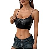 OYOANGLE Women's PU Leather Cami Crop Top Spaghetti Strap Padding Fitted Y2K Camisoles