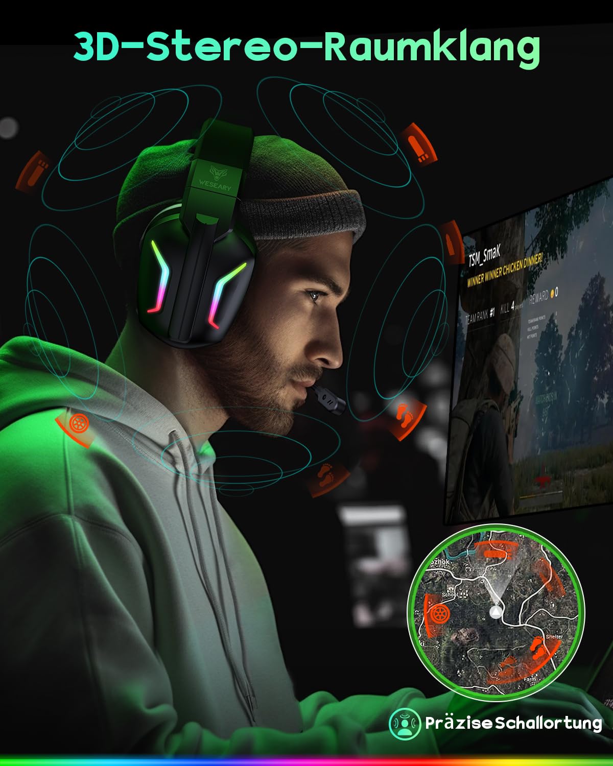 WESEARY Gaming Headset Wireless mit Mikrofon für PS5 PS4 PC Switch Handy 2