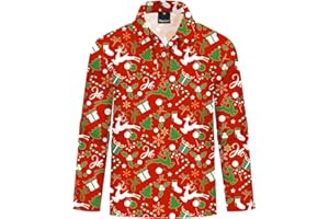 Remimi Kids Christmas Print Polo Shirt Xmas Long Sleeve Collared Shirts 5-14 Years