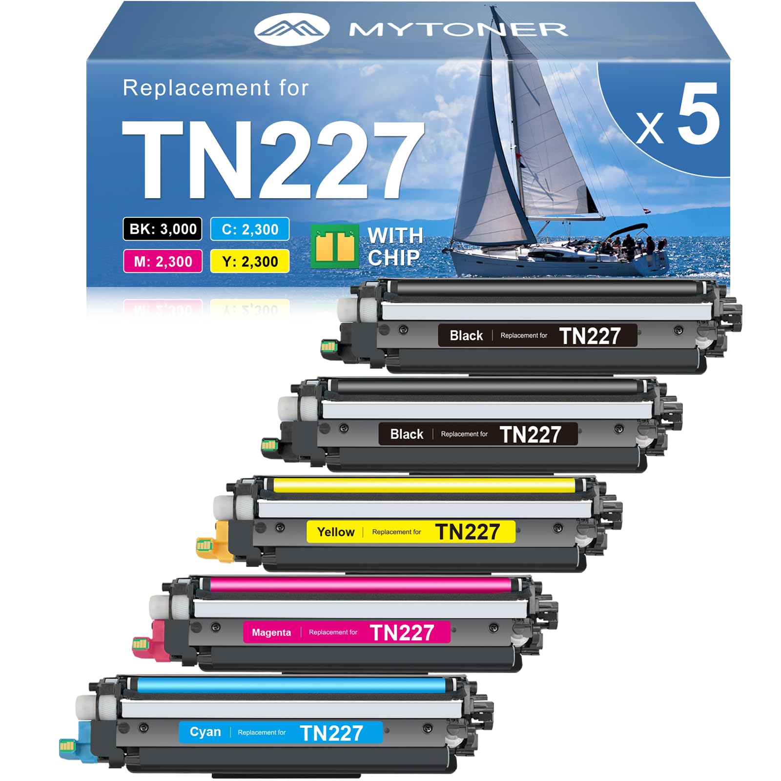 Photo 1 of MYTONER TN227 TN-227 Toner Cartridge Compatible Replacement for Brother TN227 TN 227 TN223 TN-227BK/C/M/Y High Yield for HL-L3270CDW HL-L3210CW MFC-L3770CDW MFC-L3750CDW MFC-L3710CW Printer (5 Pack)