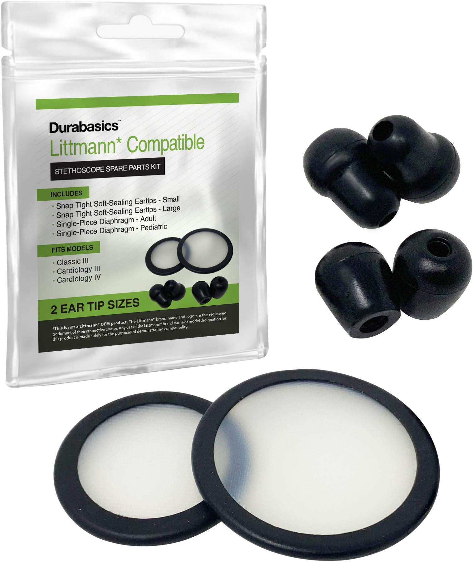 Durabasics Stethoscope Replacement Parts Kit Compatible with Littman Stethoscope Replacement Parts Kit - Fits Classic III, Cardiology III & IV - 2 Size Ear Tips for Optimal Comfort - Black