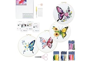Enkor 4 Sets Embroidery Kit for Beginners Adults-Cross Stitch Kits for Beginner Easy to Learn Stitches from Instruction Video Needlepoint Kits with Stamped Embroidery Pattern-Butterfly B4