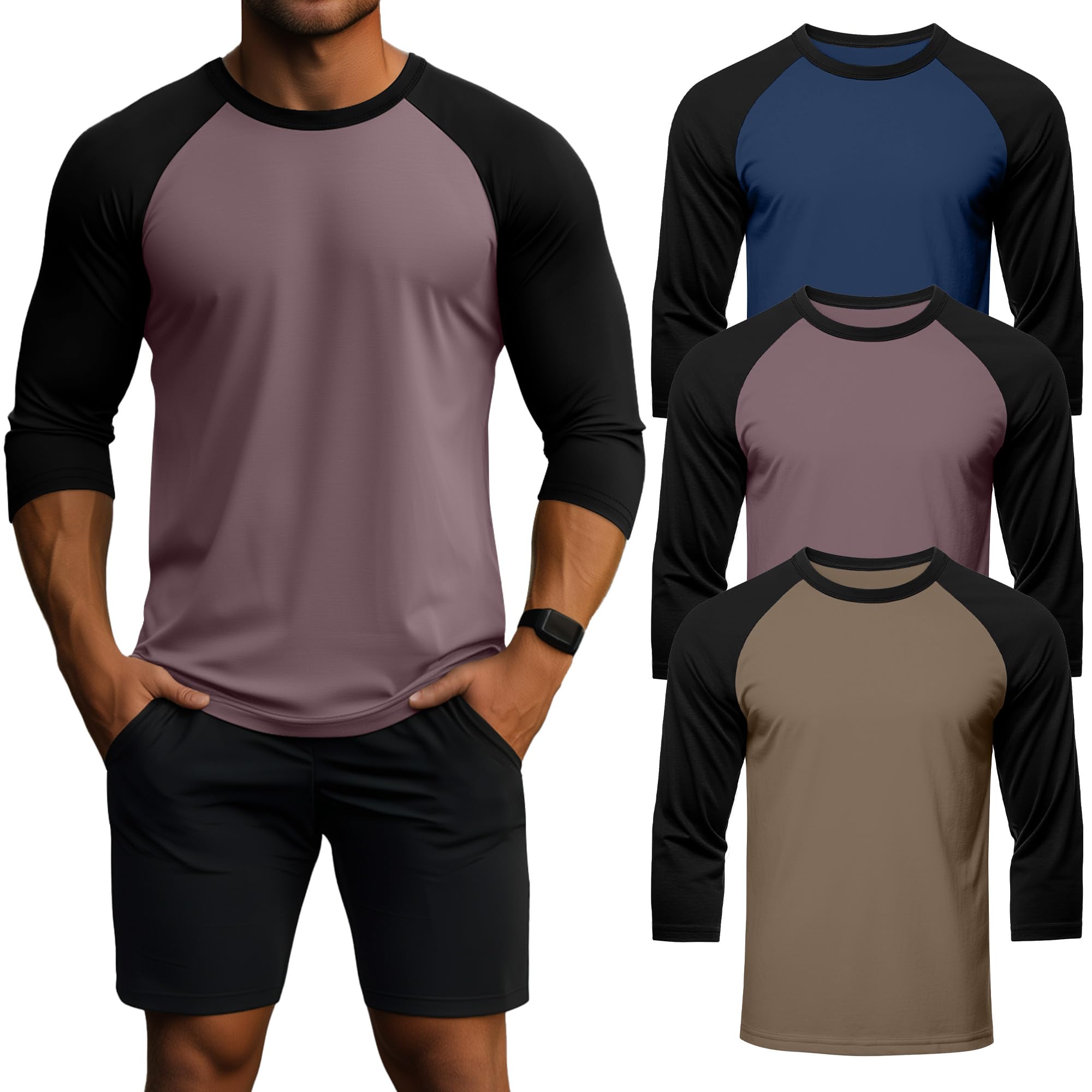 Photo 1 of Huukeay 3 Pack Men's 3/4 Sleeve Shirts Cotton Crew Neck Baseball T Shirts Moisture Wicking Athletic Tops(Grayish Purple/Black, Dark Blue/Black, Light Coffee/Black,Large)