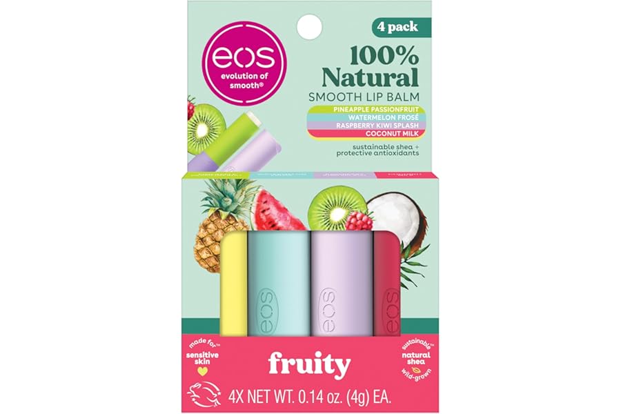 eos 100% Natural Lip Balms- Coconut Milk, Pineapple Passionfruit, Watermelon Frosé & Raspberry Kiwi Splash, All-Day Moisture Lip Care, 0.14 oz, 4-Pack
