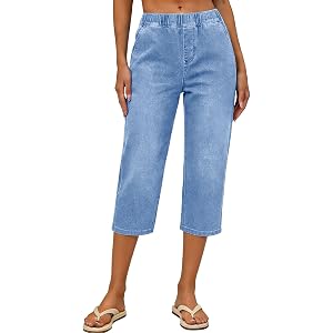 Denim Capris for Women Pull On Elastic Waist Cropped Pants Mid Rise Capri Jeans Summer Fashion Casual Crop Jean Pants