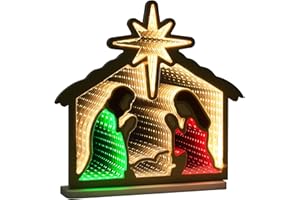 MEETYAMOR Nativity Sets for Christmas Indoor, Nativity Scene Infinity Mirror Tunnel Light, Nativity Scene with Manger for Home Living Room Mantel Table Centerpiece Christmas Decorations