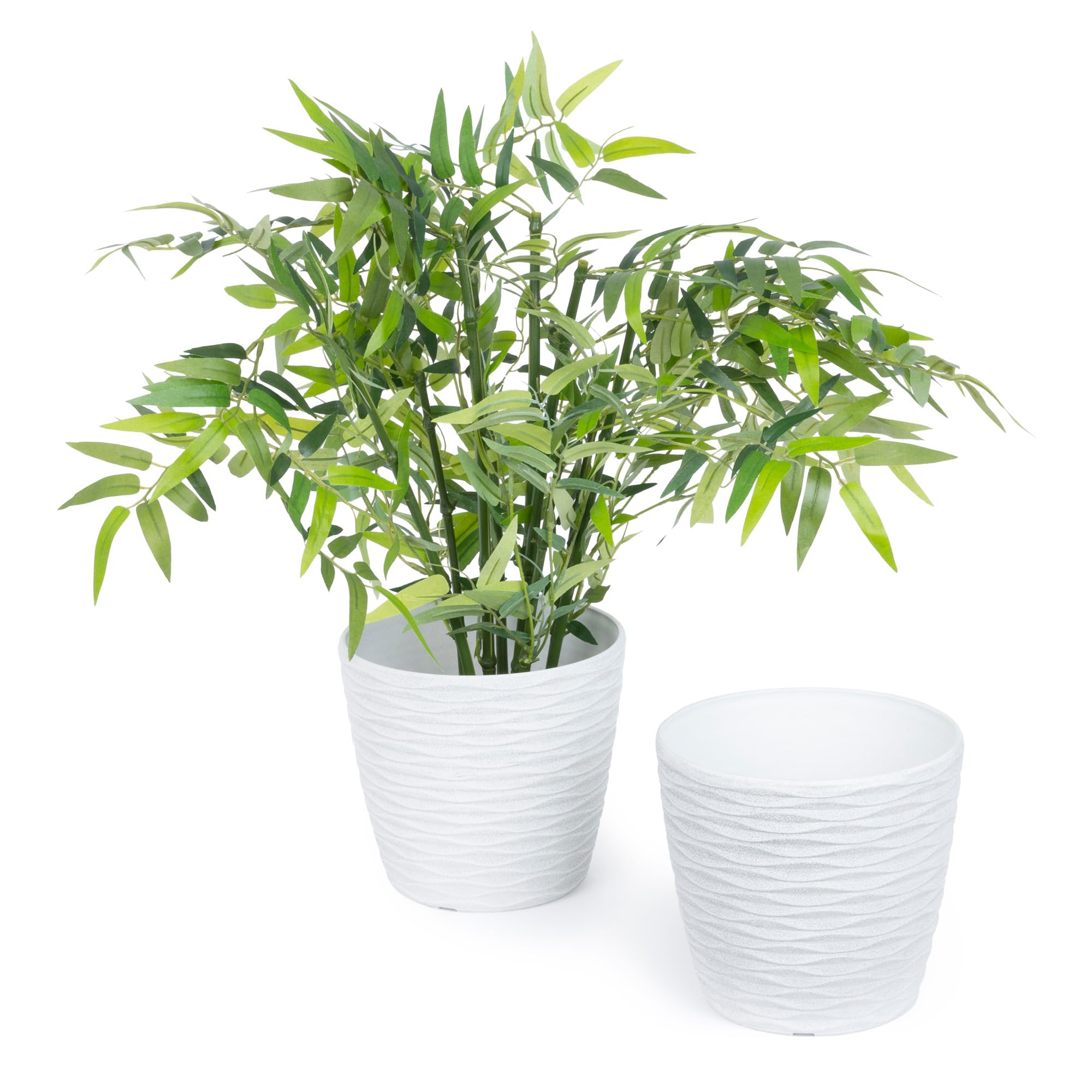 LIVIVO Flower and Plant Pot with Wave Design and Drainage Hole for Indoor or Outdoor Use, Hard Wearing Durable 18cm Diameter Plastic with Wave Design (Set of 2, White)